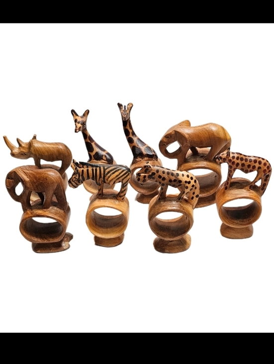 Handmade Other - 8 Handcarved Wooden Safari Animal Napkin Ring Holders